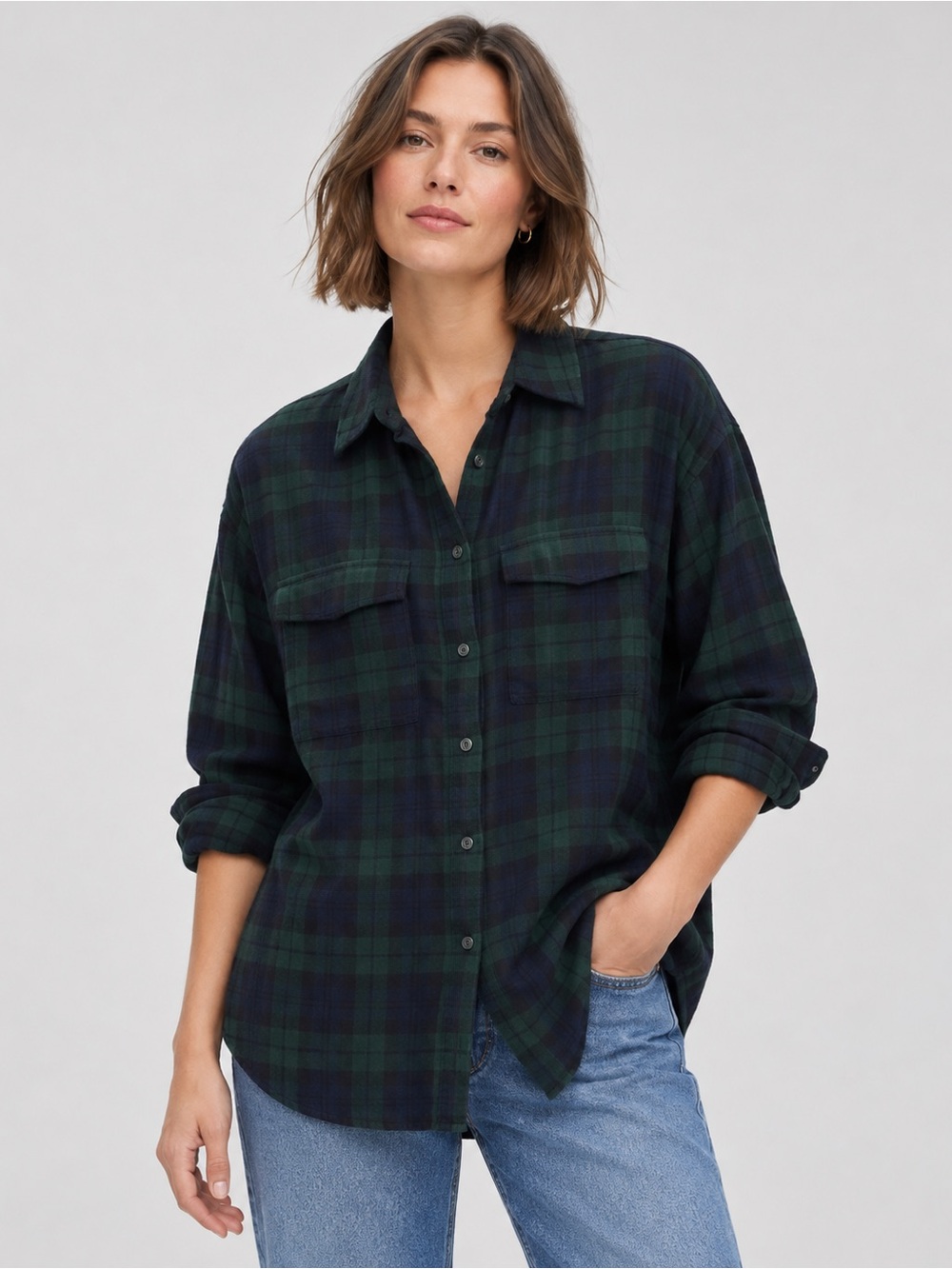 NWT Gap The Big Shirt Blackwatch Plaid Flannel Button Down Oversized Small
